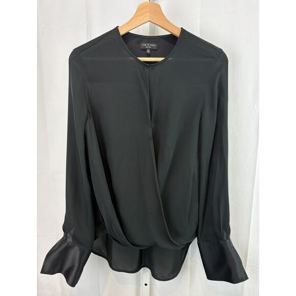 RAG & BONE Silk Wrap Blouse Long Sleeve Top Keyhole V Neck Satin Cuffs Black S - Picture 1 of 11